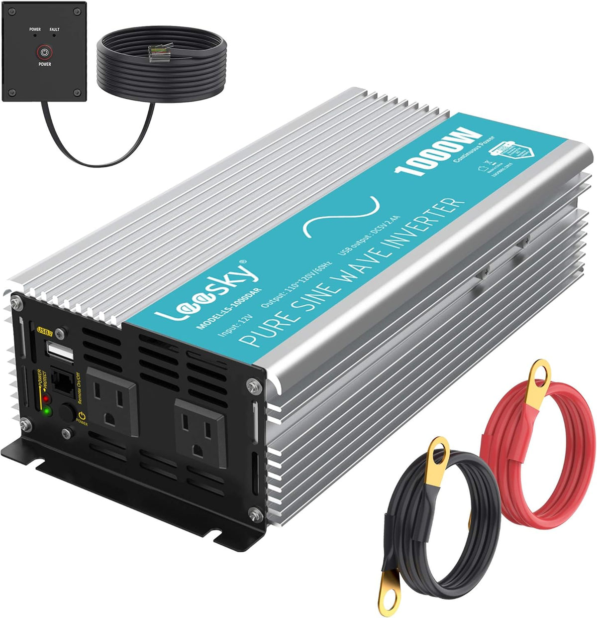 1000W Pure Sine Wave Power Inverter DC 12V to AC 110V 120V with 2.4A USB Port & 2 AC Outlets Remote Controller C493790