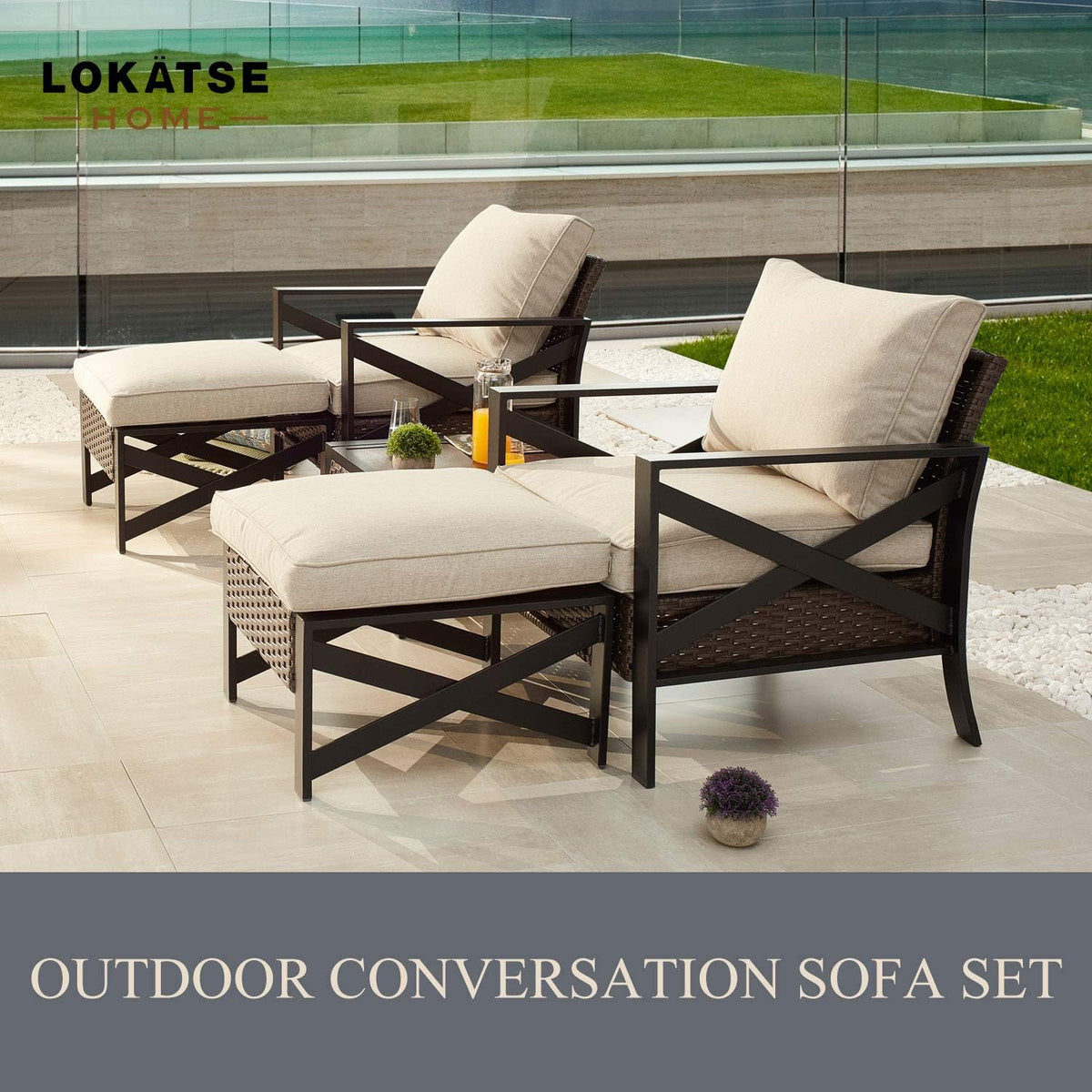 5 Piece Outdoor Wicker Conversation Sofa Set with Cushion and Coffee Table O953