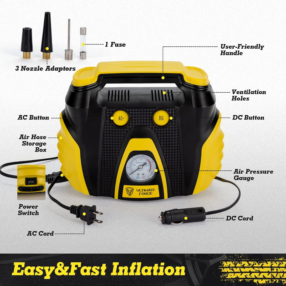Portable Tire Inflator 12 V Air Compressor Pump with Dual Power, 3 Air Nozzle and Carrying Case, Yellow S76484