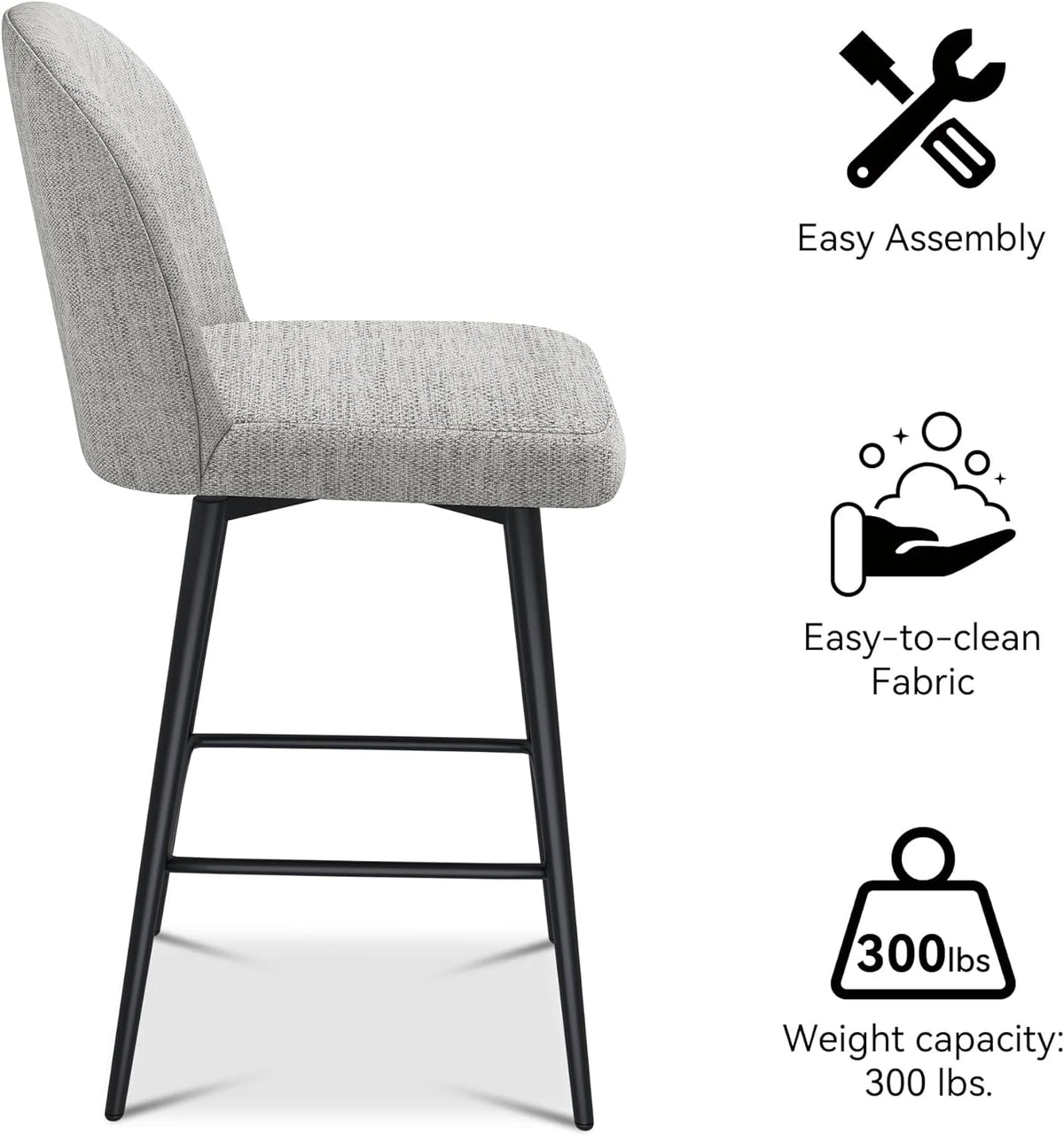 26 Inch Upholstered Bar Stools Set of 2 with Metal Legs C446