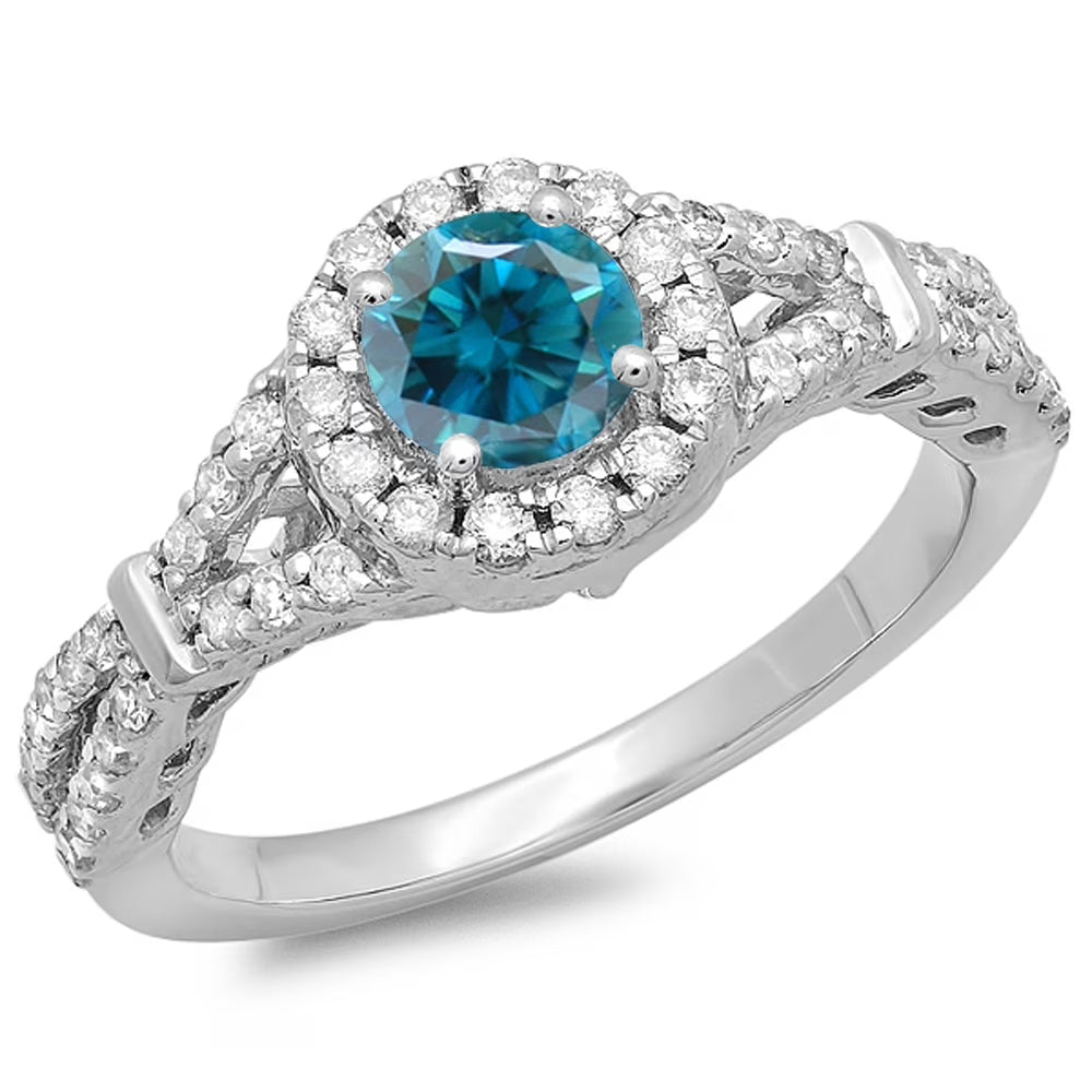 14K Gold Round Blue & White Diamond Bridal Engagement Halo Ring O5277