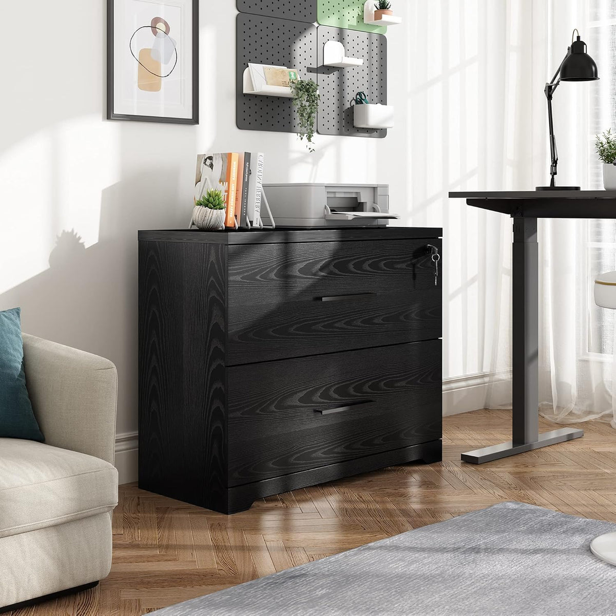 Black 2-Drawer Wood Lateral File Cabinet with Lock J2084