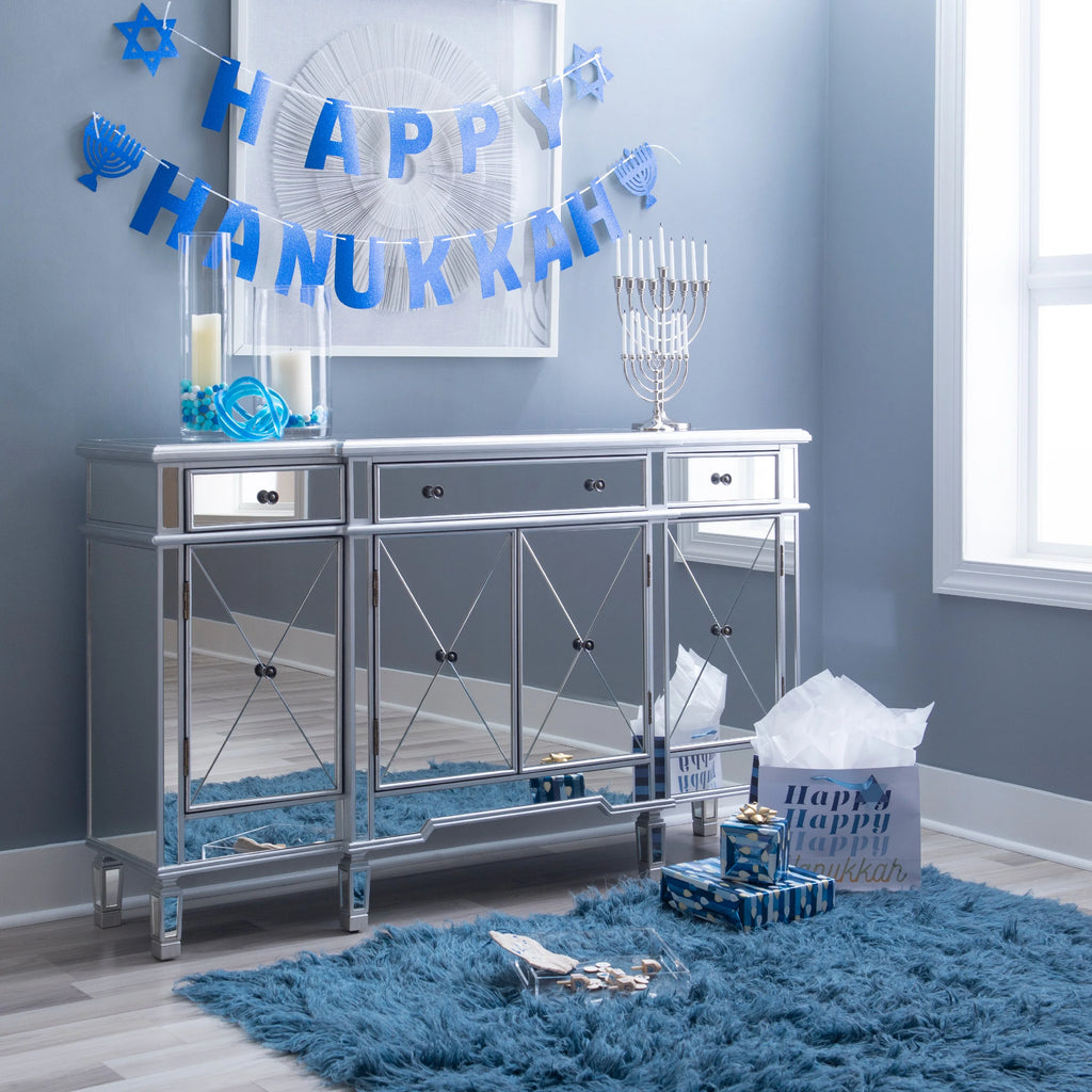 4-Door 3-Drawer Long Console Table with Shelves, Mirrored Surfaces, Silver Wood O961687