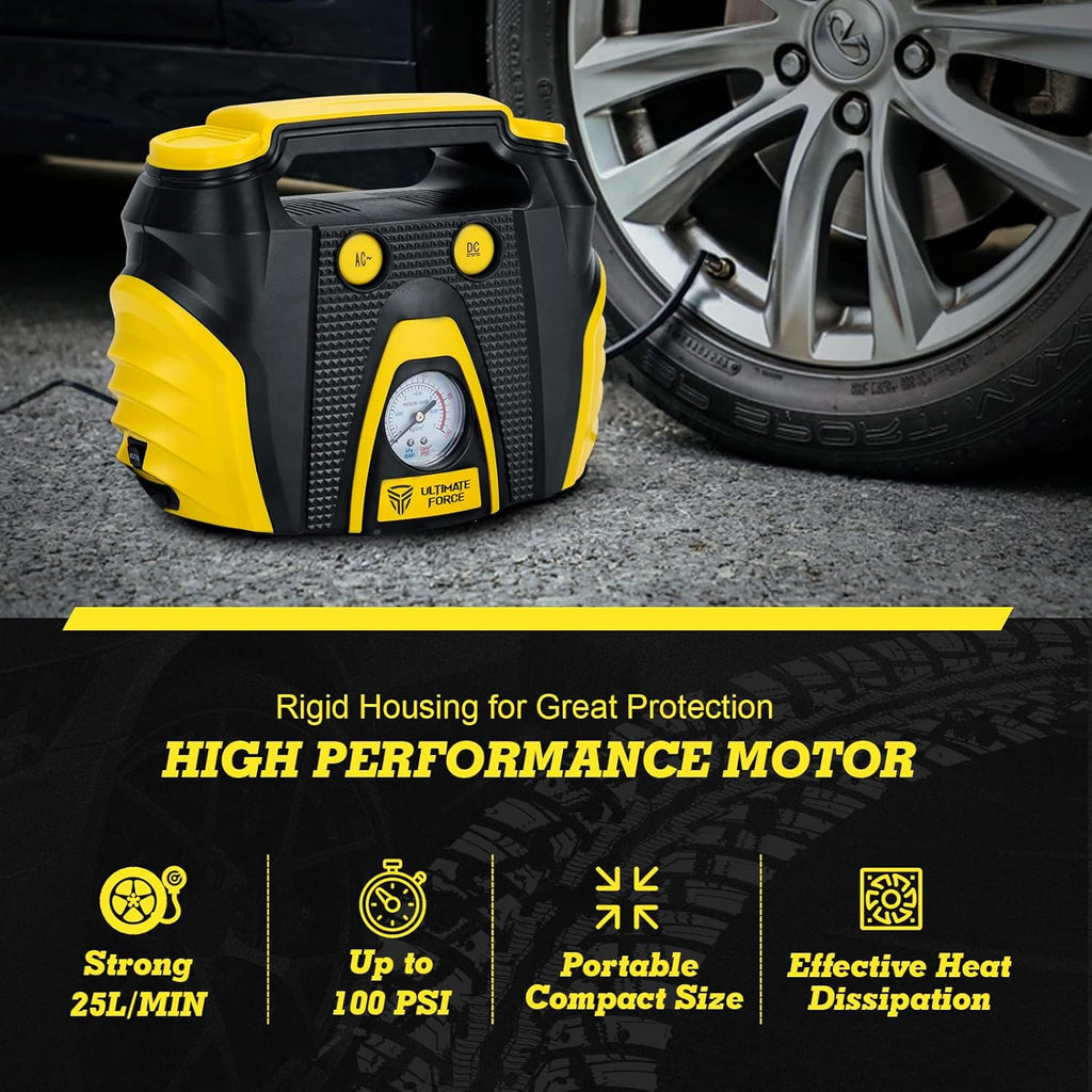 Portable Tire Inflator 12 V Air Compressor Pump with Dual Power, 3 Air Nozzle and Carrying Case, Yellow S76484