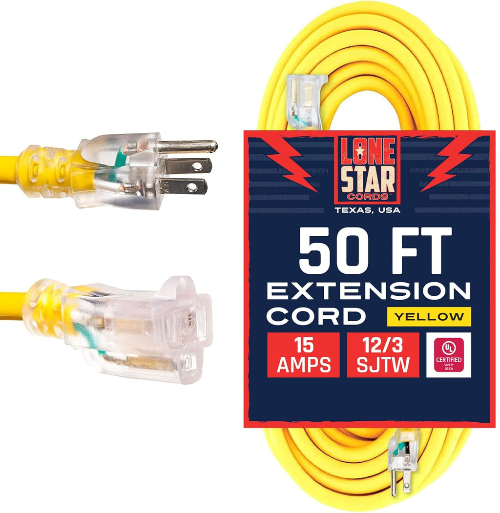 Yellow 50 Foot 12/3 SJTW Lighted Extension Cord 3 Prong Grounded Plug 12 Gauge Cable Pack of 2 D53521