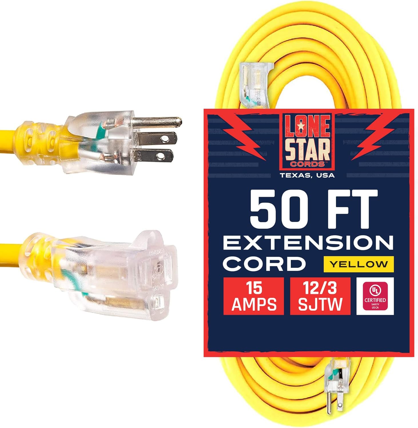 Yellow 50 Foot 12/3 SJTW Lighted Extension Cord 3 Prong Grounded Plug 12 Gauge Cable Pack of 2 D53521