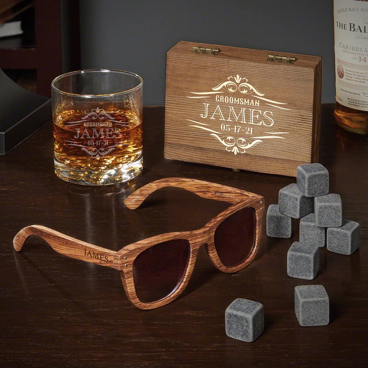 Engraved Whiskey Glass and Whiskey Stone Box Set O4983