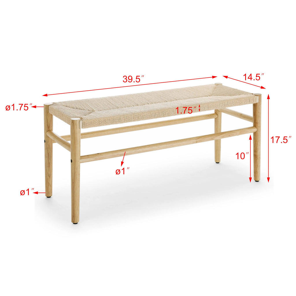 Indoor Entryway Bench with Paper Cord Ottoman, Rubber Wood Legs U4141