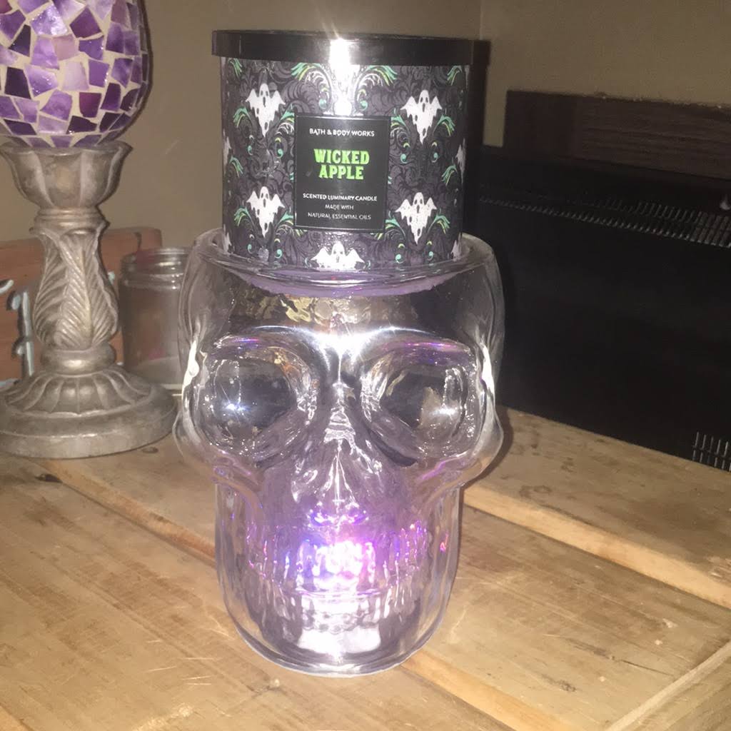 Light Up Skull 3 Wick Glass Candle Holder Y17151