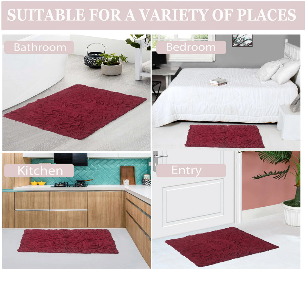 Red 3 Piece Cotton Non-Slip Bathroom Rug Set with Runner Rug E63678