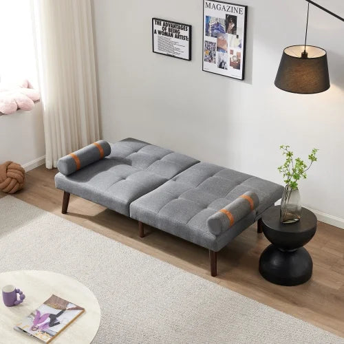 Grey Linen Convertible Sofa Bed Futon with Solid Wood Legs U6419