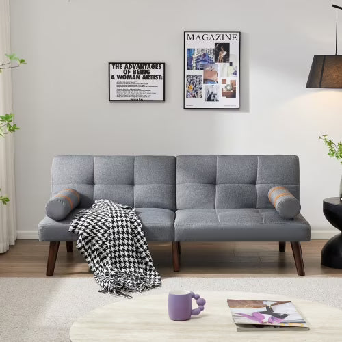 Grey Linen Convertible Sofa Bed Futon with Solid Wood Legs U6419