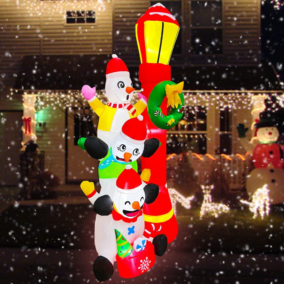 6 FT Inflatable Snowmans Stack of 3 with Street Light Sign E85562