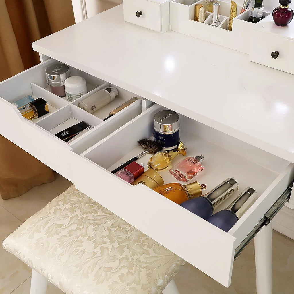 Vanity Table Set with 8 LED Lights Mirror, Wood Makeup Dressing Table with Stool & Drawer U37264