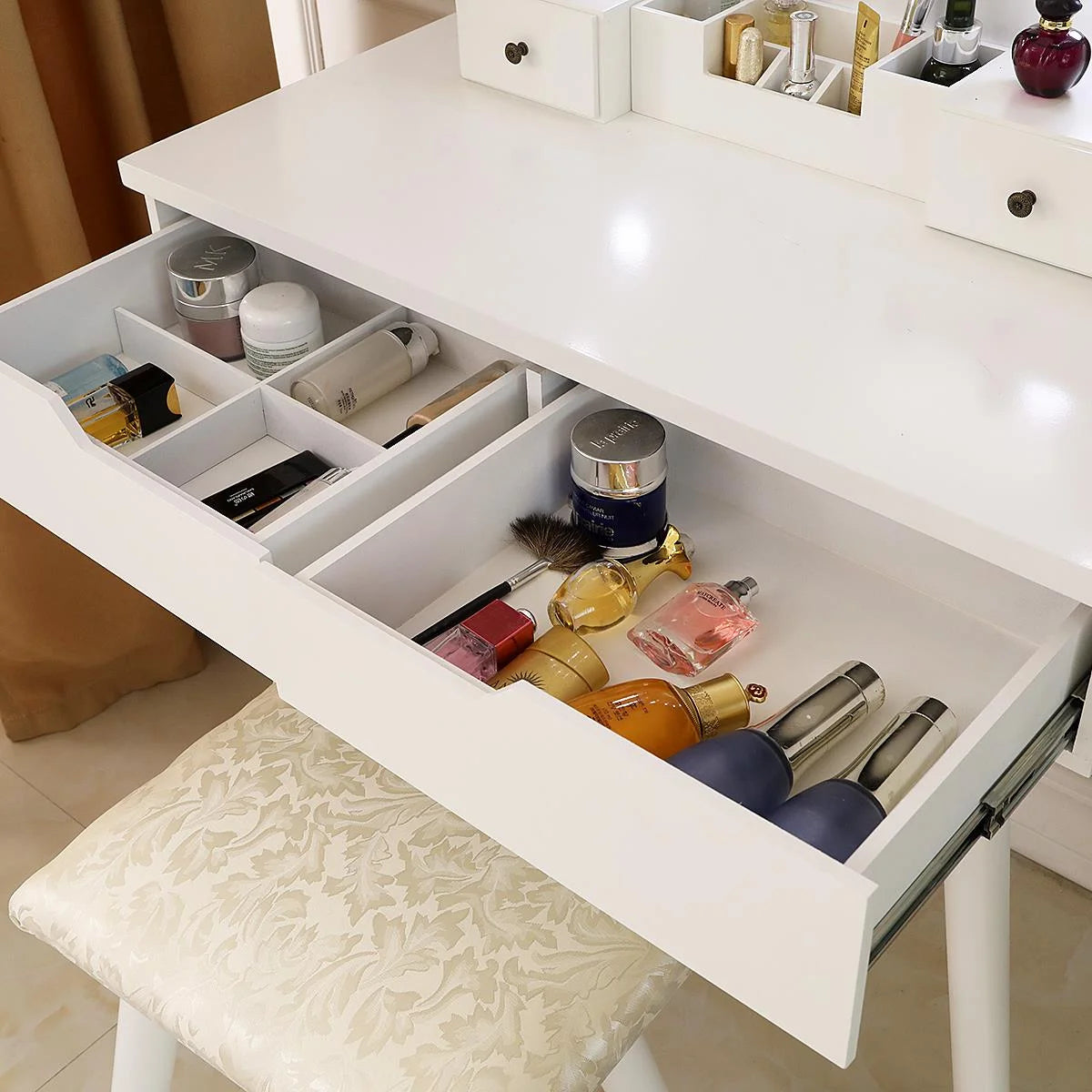 Vanity Table Set with 8 LED Lights Mirror, Wood Makeup Dressing Table with Stool & Drawer U37264