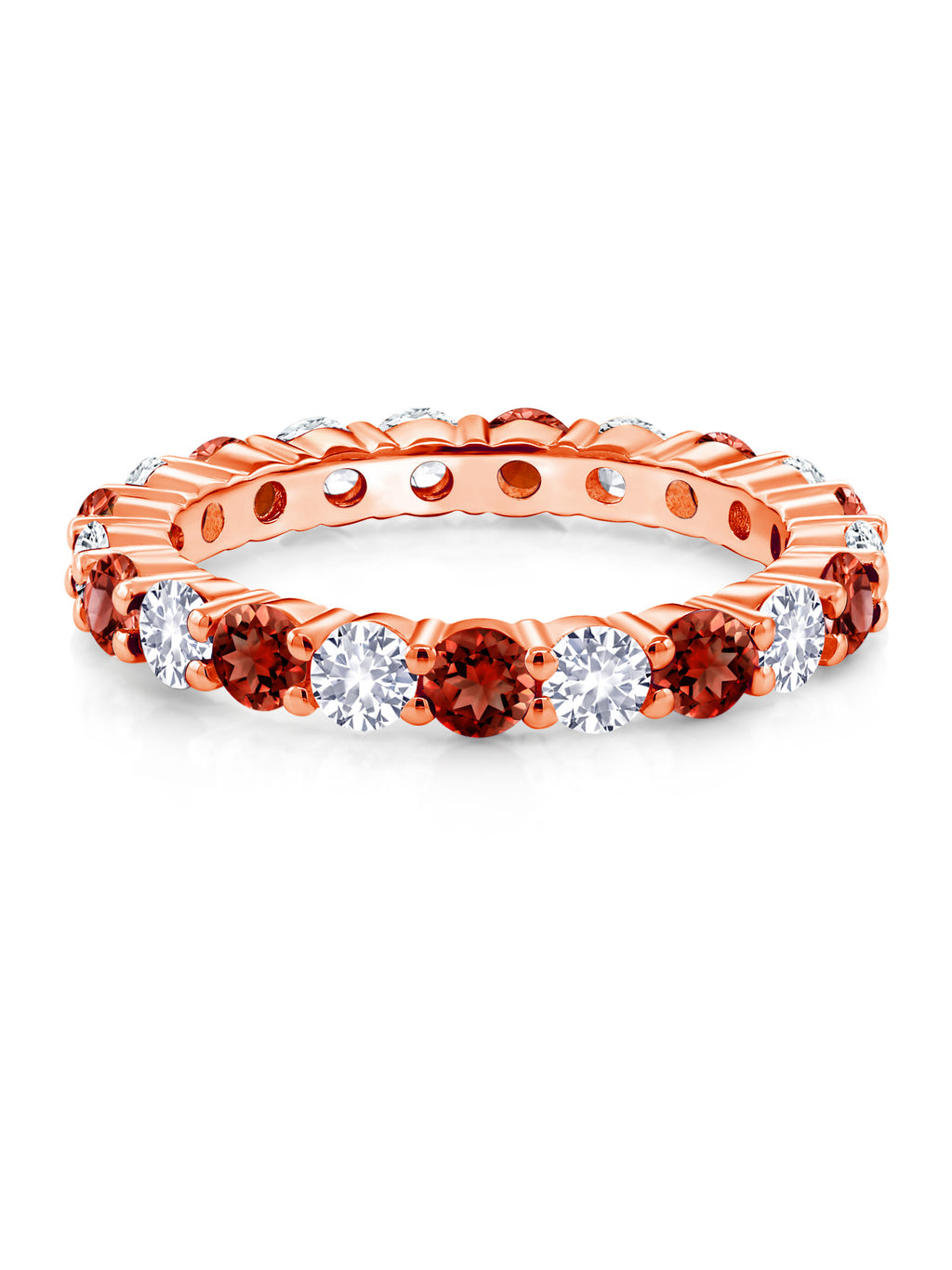 18K Rose Gold Plated Silver Round Red Garnet and White Created Sapphire Eternity Band Ring (1.50 Cttw) Y46841