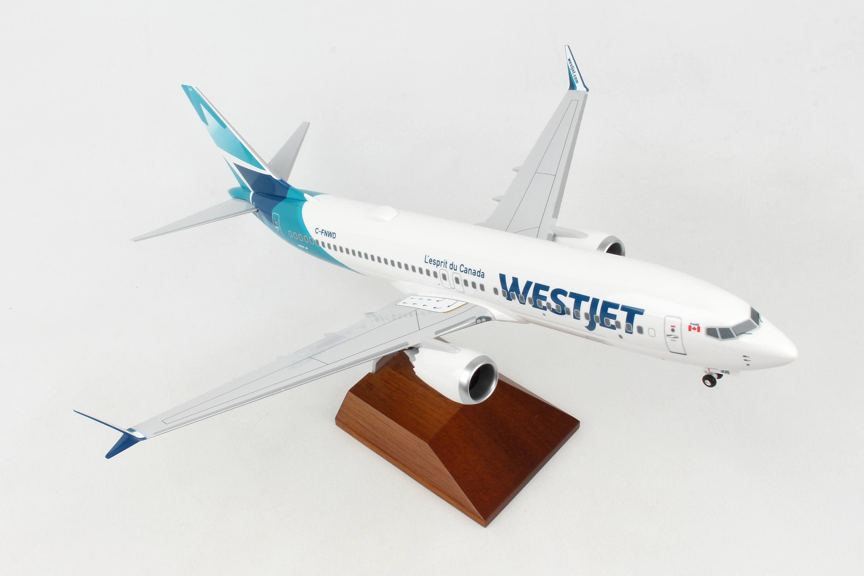 Westjet Boeing 737-MAX8 Scale 1 by 100 with Wood Stand & Gear O365