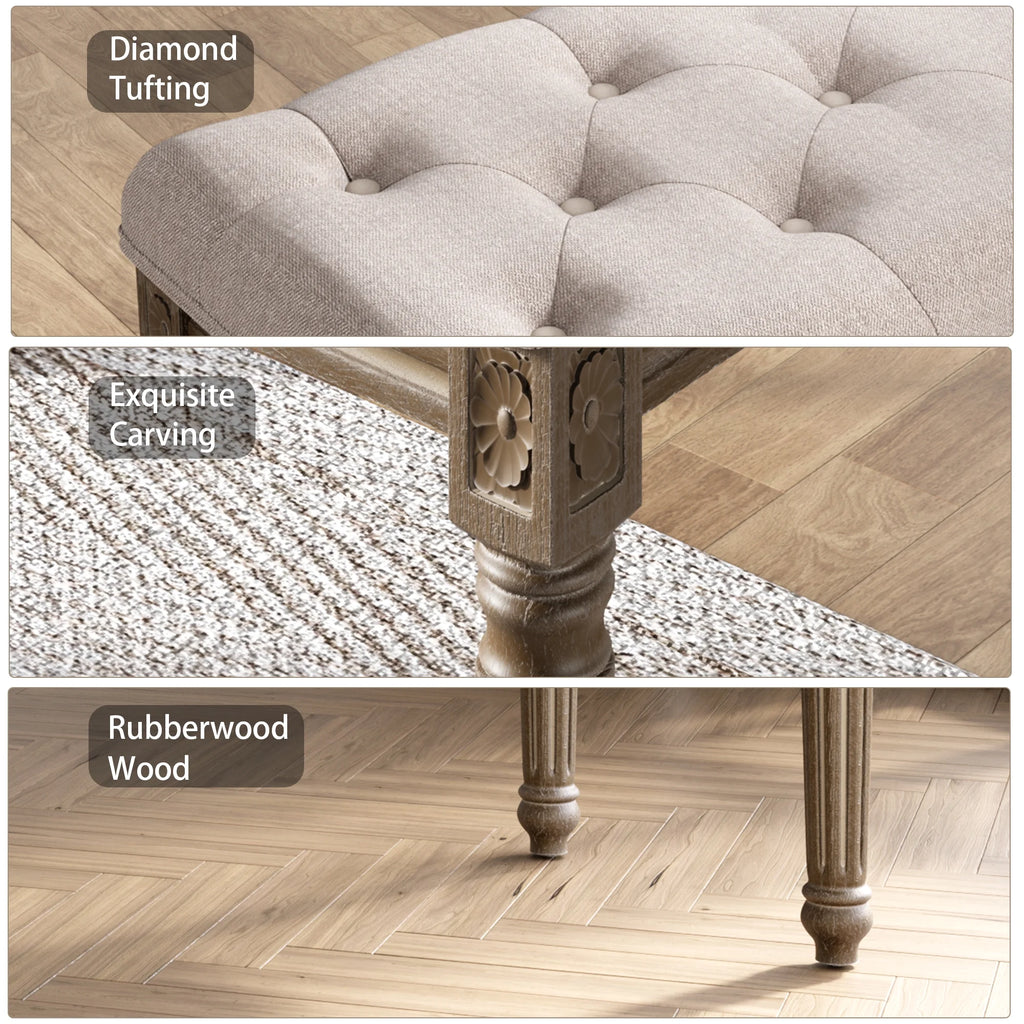 Upholstered Button Tufted Cushion Bench with Carved Wooden Legs B299
