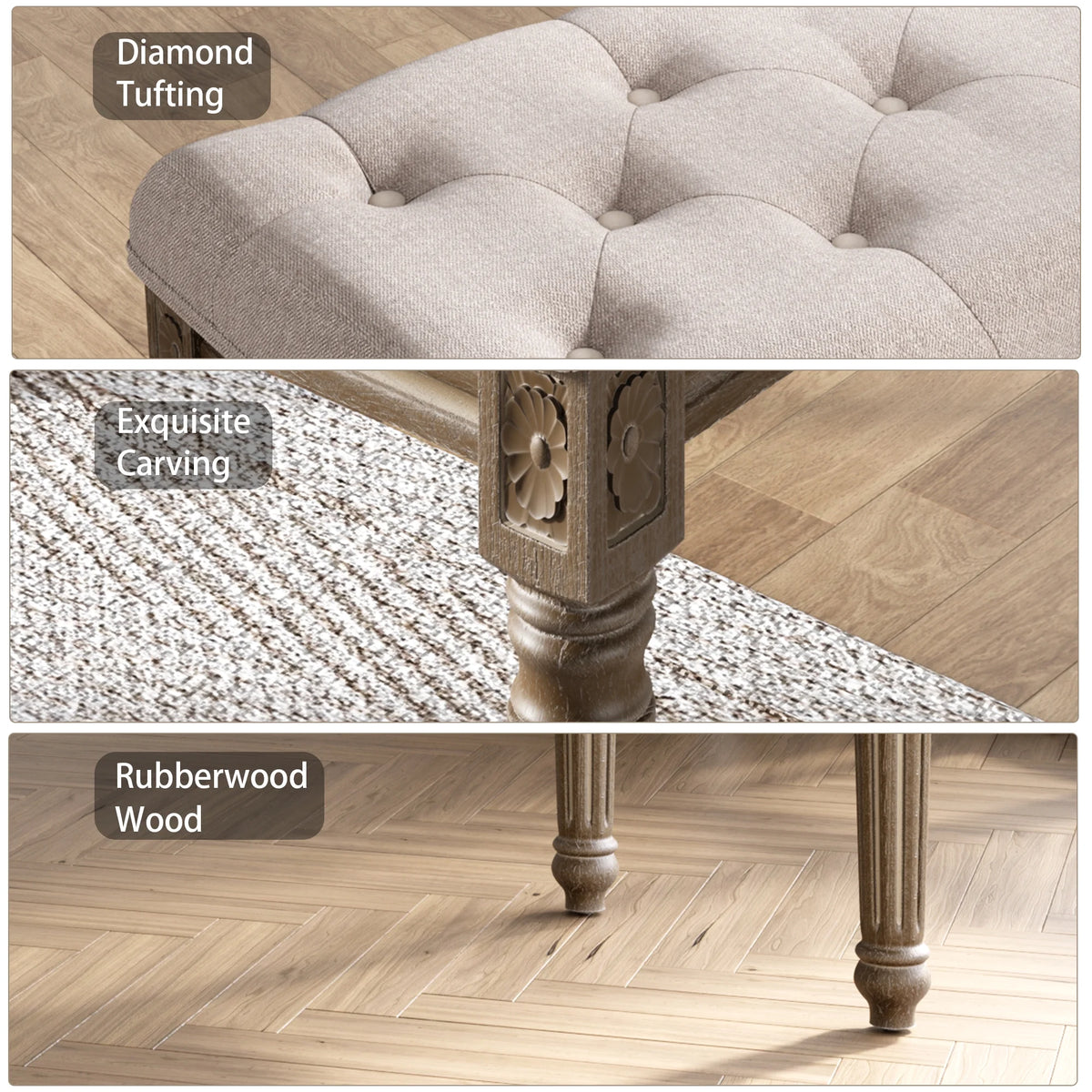 Upholstered Button Tufted Cushion Bench with Carved Wooden Legs B299