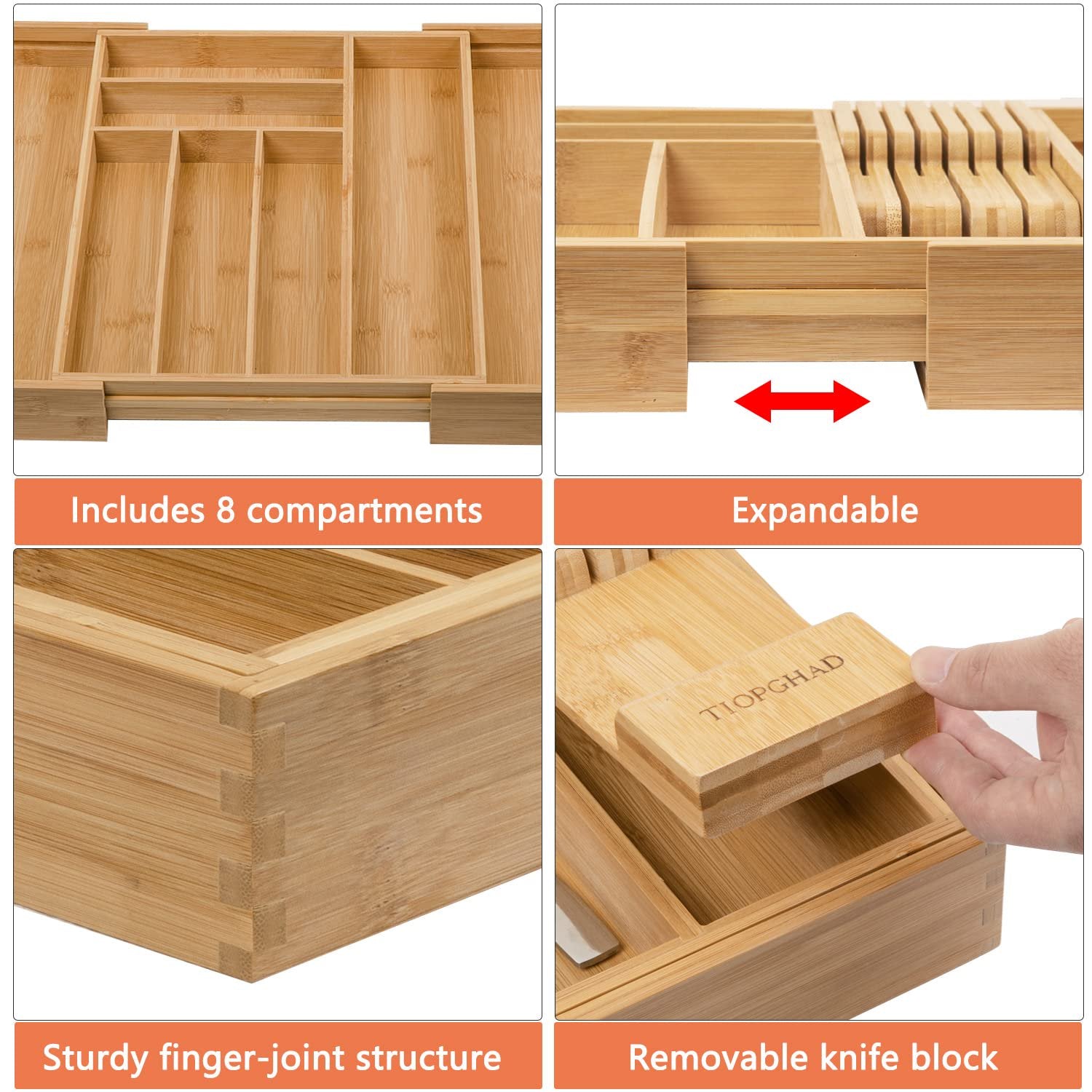 Bamboo Utensil Holder Expandable Drawer Organizer with Removable Knife Rack Y73370
