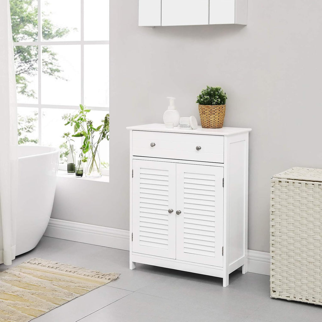 Matte White Free-Standing Bathroom Cabinet with 2 Louvered Doors and Drawer A69596