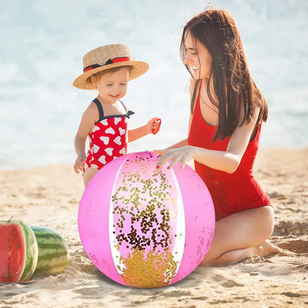 Pink Glitter Inflatable Beach Ball Set with Pump I413731