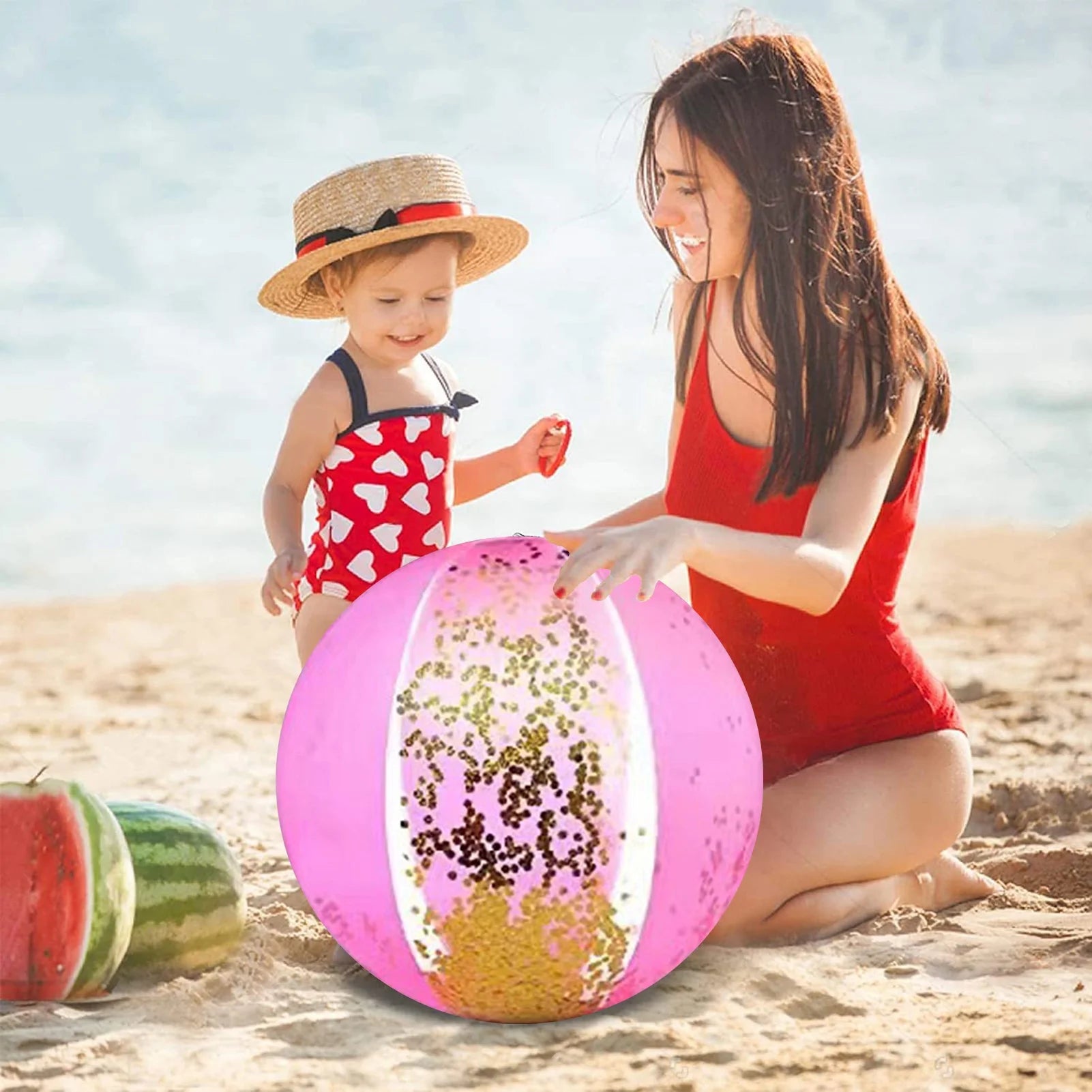 Pink Glitter Inflatable Beach Ball Set with Pump I413731