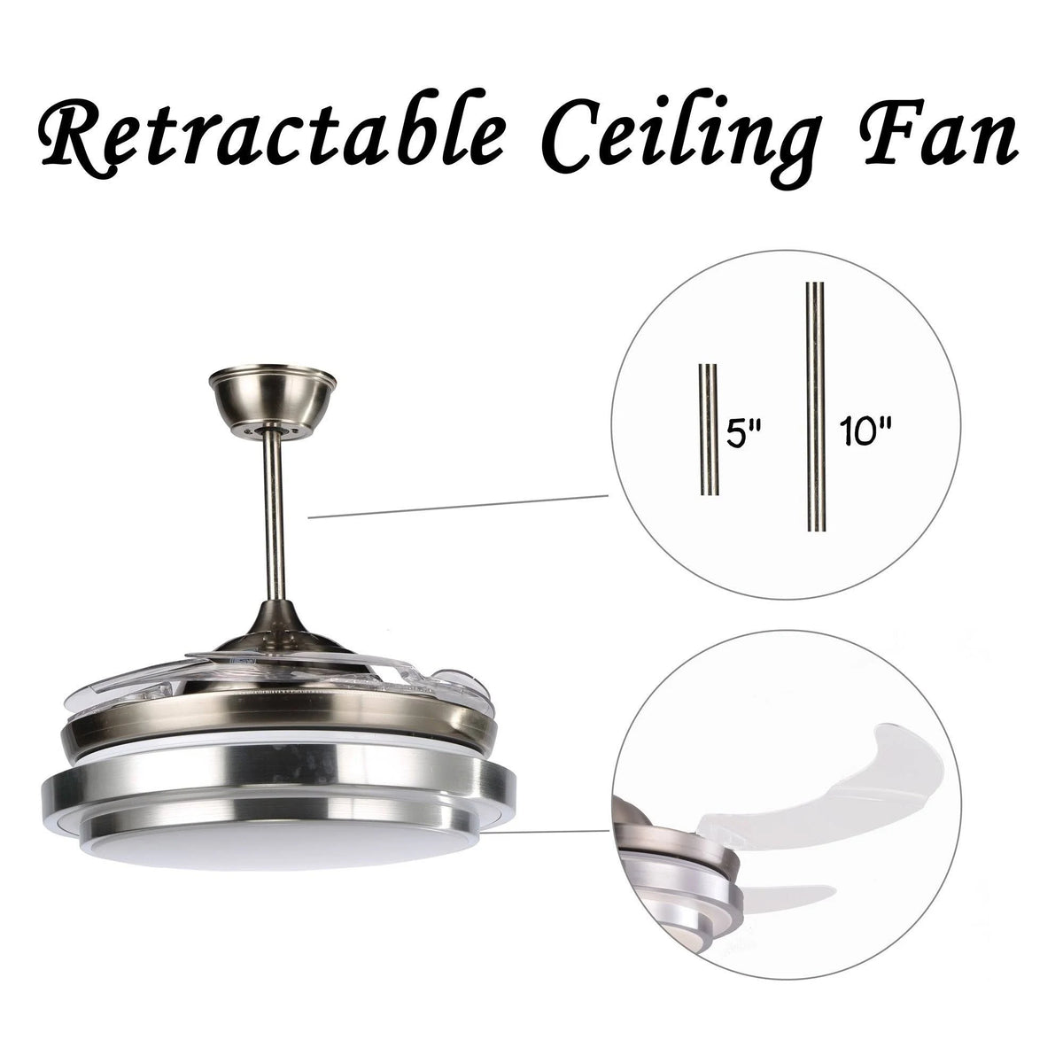 Retractable Metal LED Ceiling Fan with Remote - 42 Inches White R166624