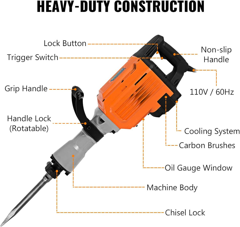 3500W Electric Demolition Hammer Concrete Breaker with Flat Chisel Bull Point Chisel U1772