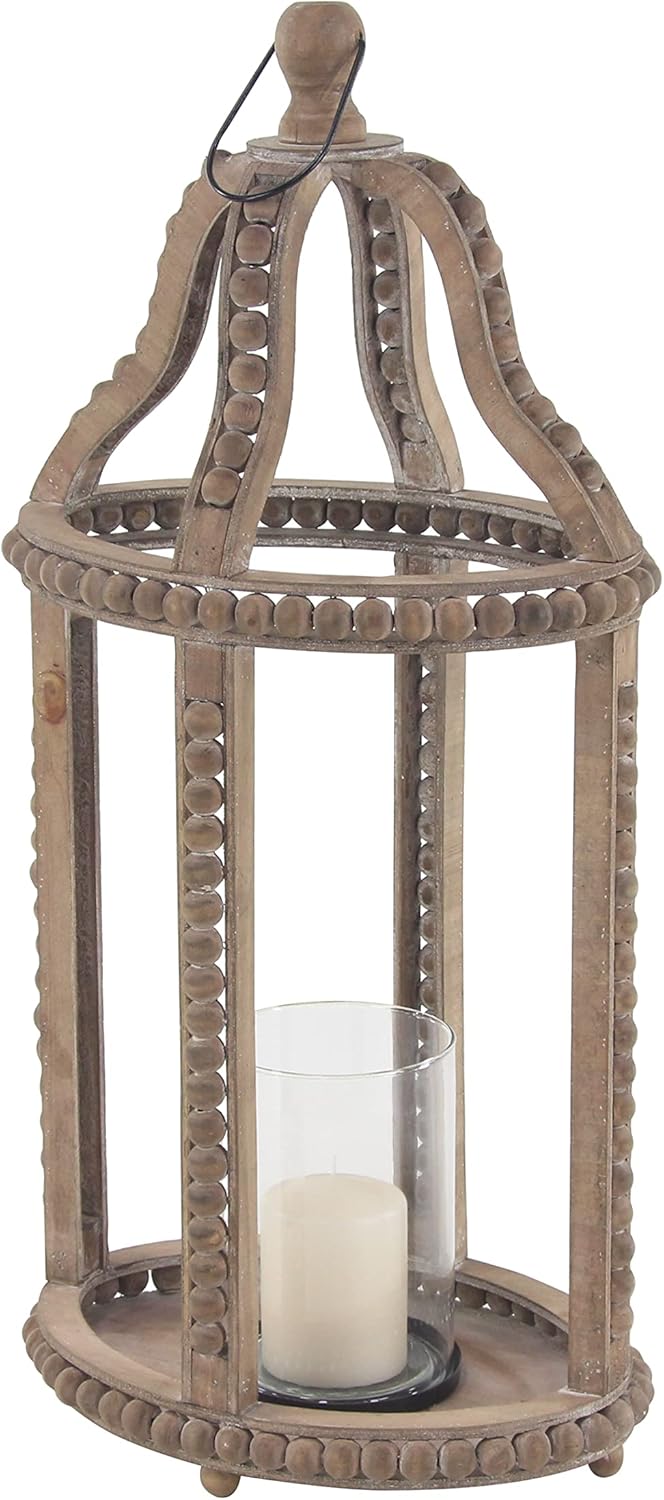 Rustic Wood and Glass Candle Lantern, 10W x 29H, Brown K1794