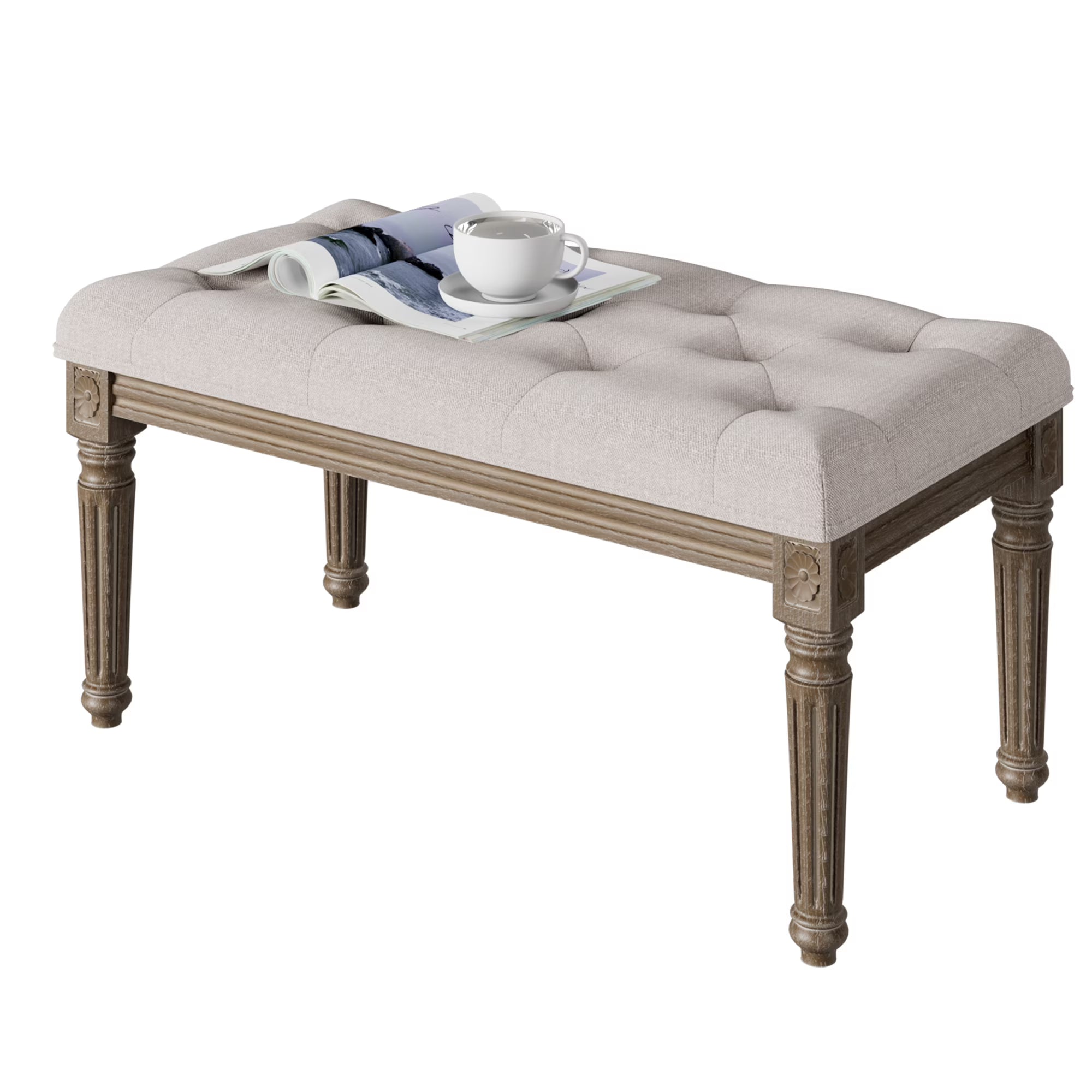 Upholstered Button Tufted Cushion Bench with Carved Wooden Legs B299
