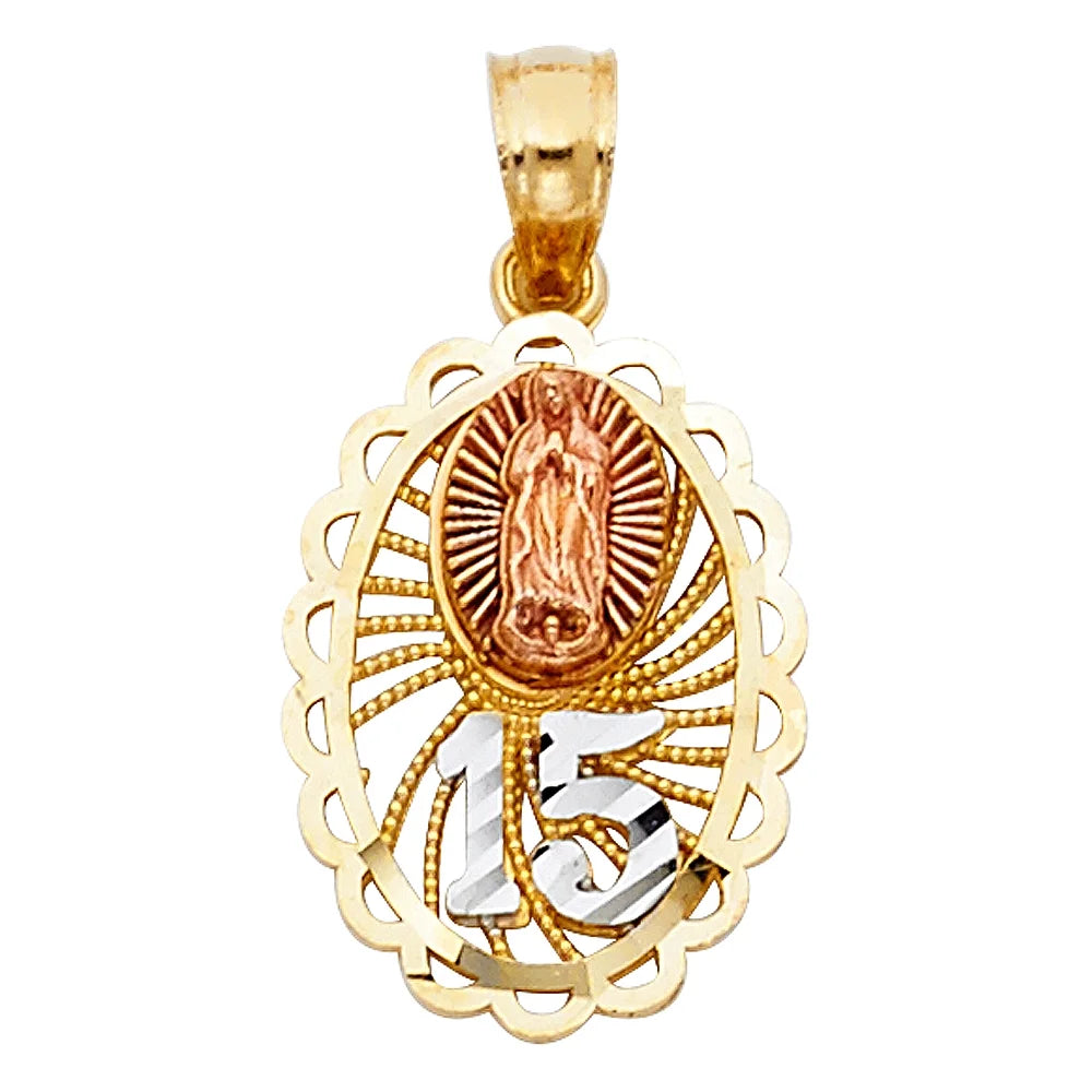 14K Tri Color Gold Virgin Mary Round Charm Pendant K75745