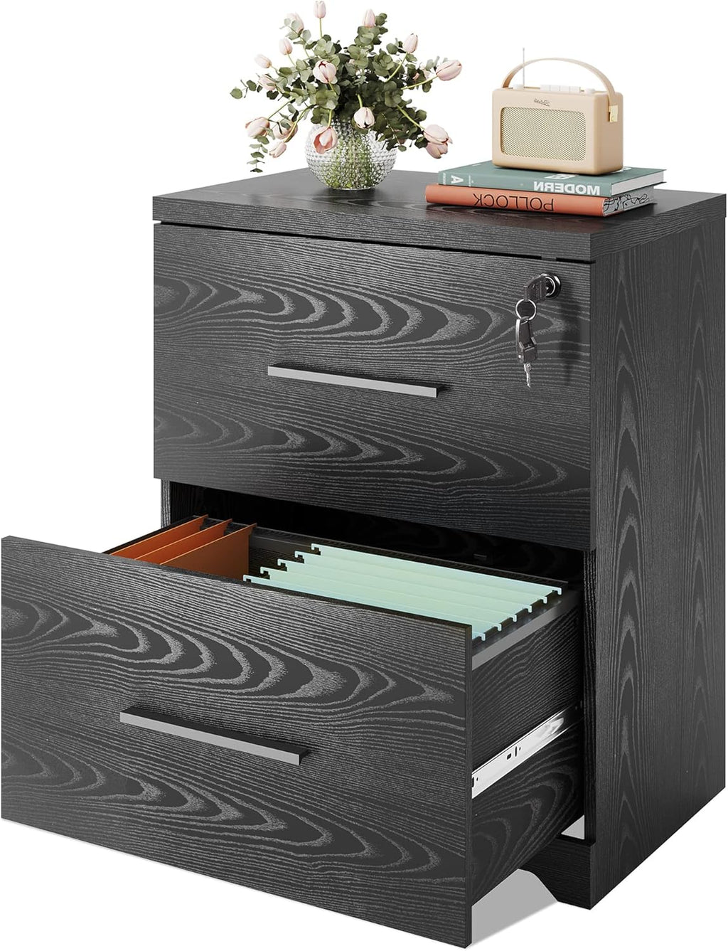 Black 2-Drawer Wood Lateral File Cabinet with Lock J2084