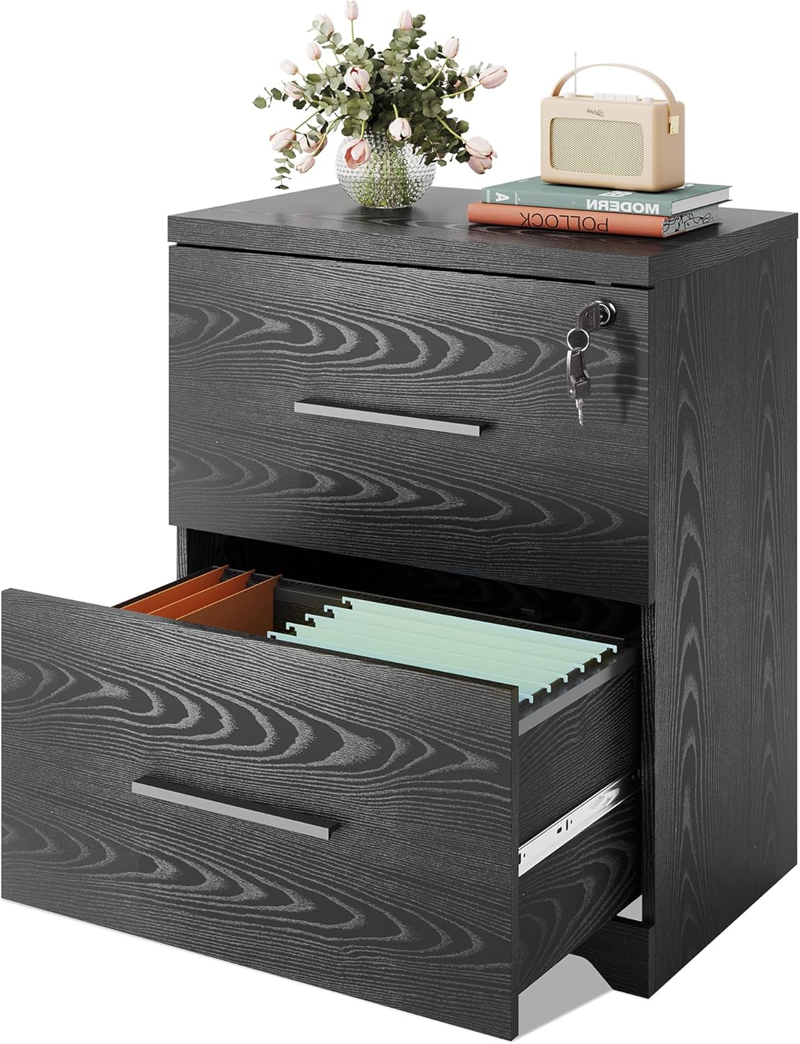 Black 2-Drawer Wood Lateral File Cabinet with Lock J2084