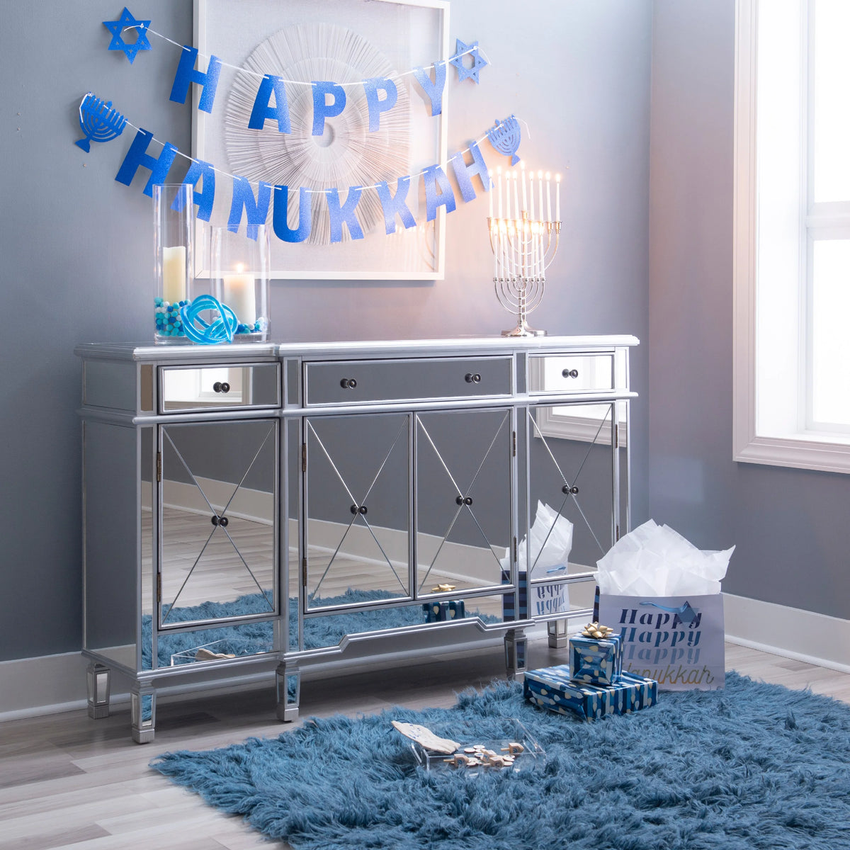 4-Door 3-Drawer Long Console Table with Shelves, Mirrored Surfaces, Silver Wood O961687