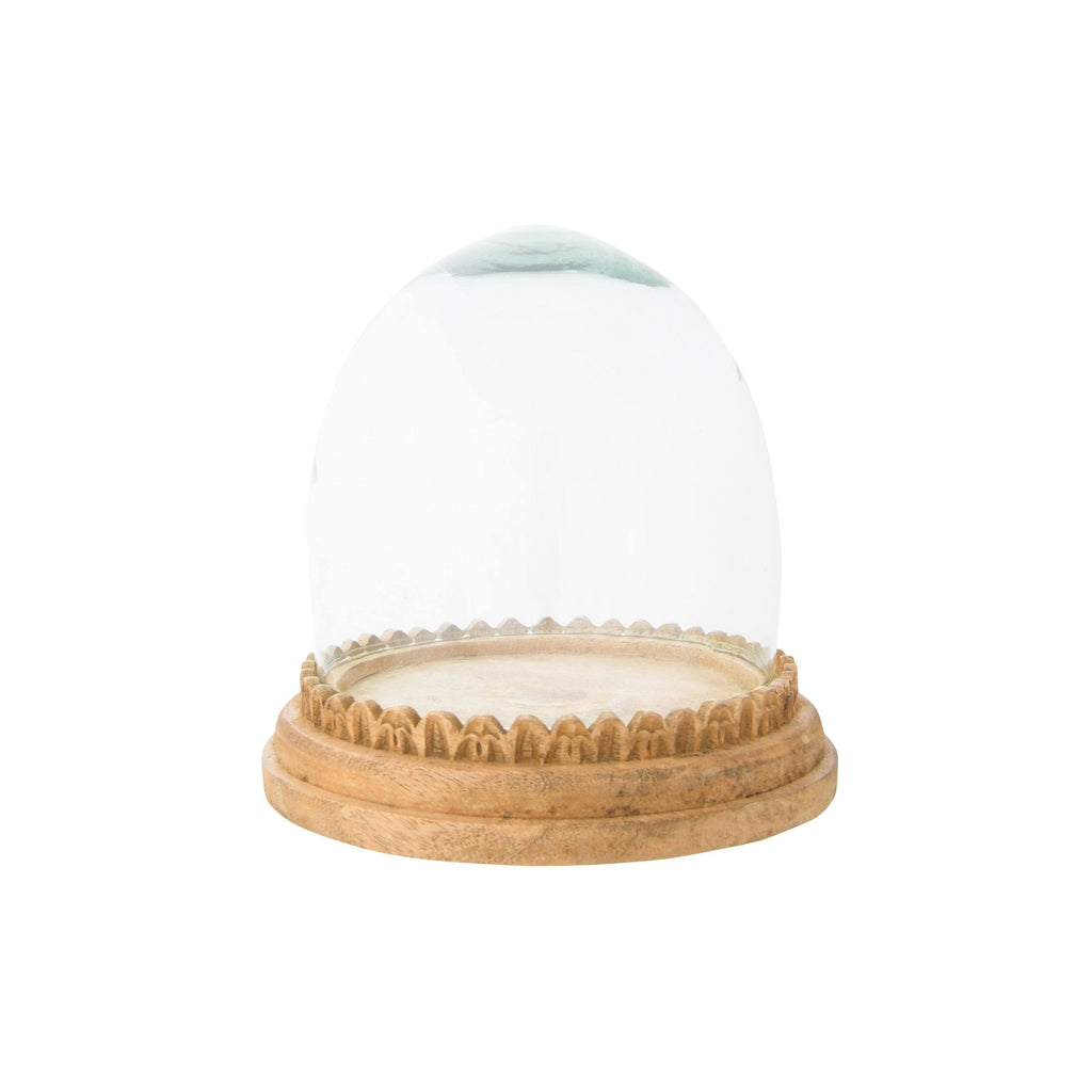 Recycled Glass Cloche on Hand-Carved Mango Wood Base, Set of 2 Pieces P62933