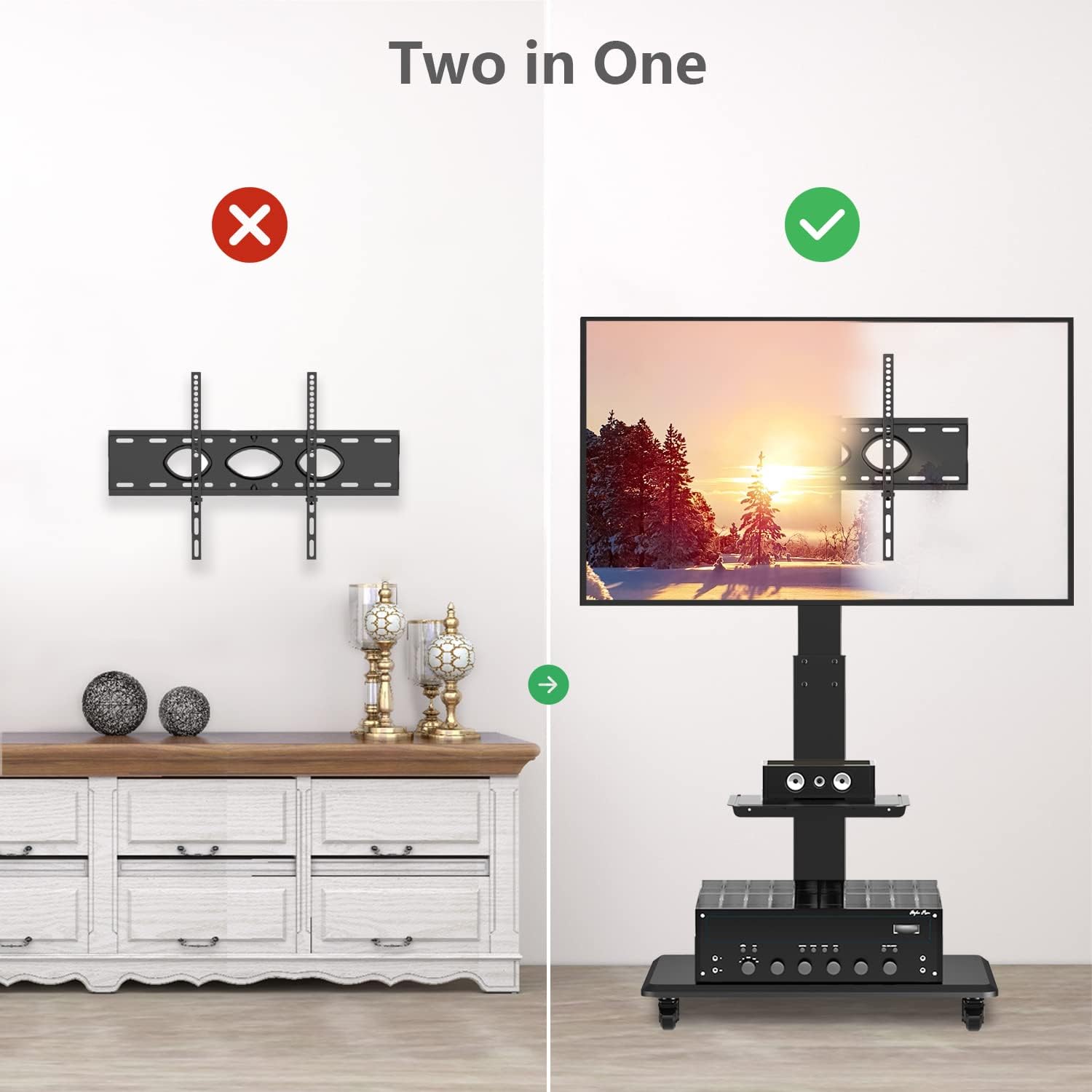 Rolling TV Stand with Wheels and Swivel Mount for 37 inch-70 inch LCD LED Flat Panel Screen TV, Portable Mobile TV Cart with Shelf, Height Adjustable, Max VESA 600x400mm G74951