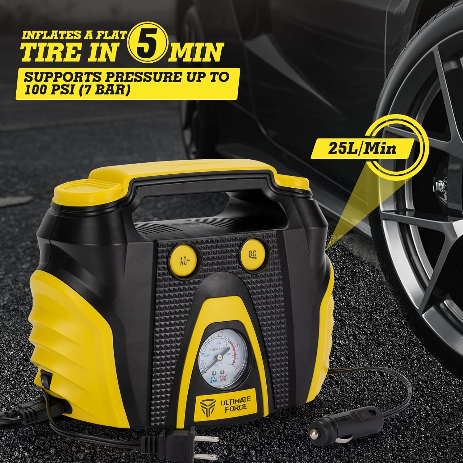 Portable Tire Inflator 12 V Air Compressor Pump with Dual Power, 3 Air Nozzle and Carrying Case, Yellow S76484