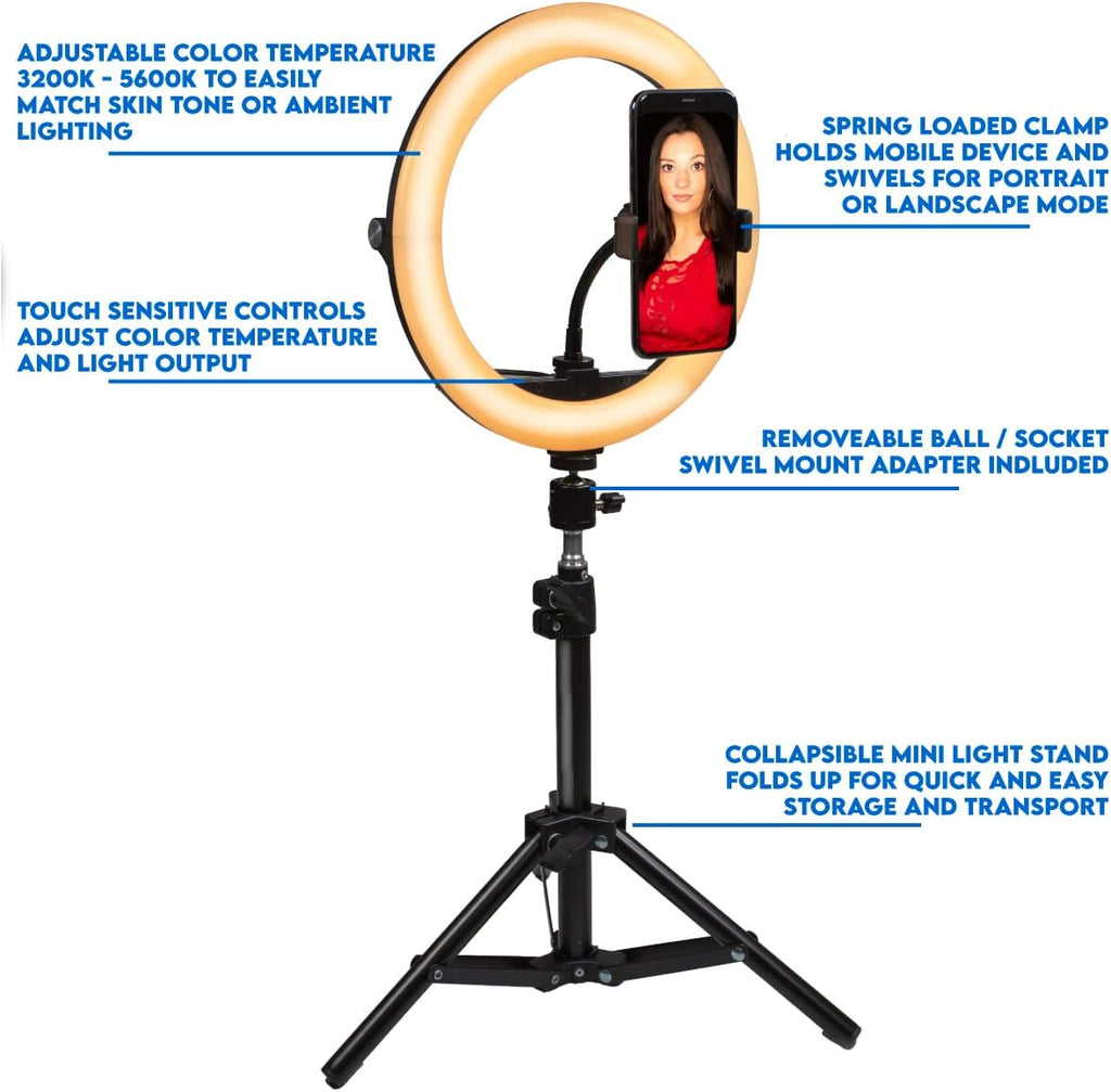 10 Compact Foldable Dimmable LED Video Ring Light Kit with Phone Holder and Light Stand L59670