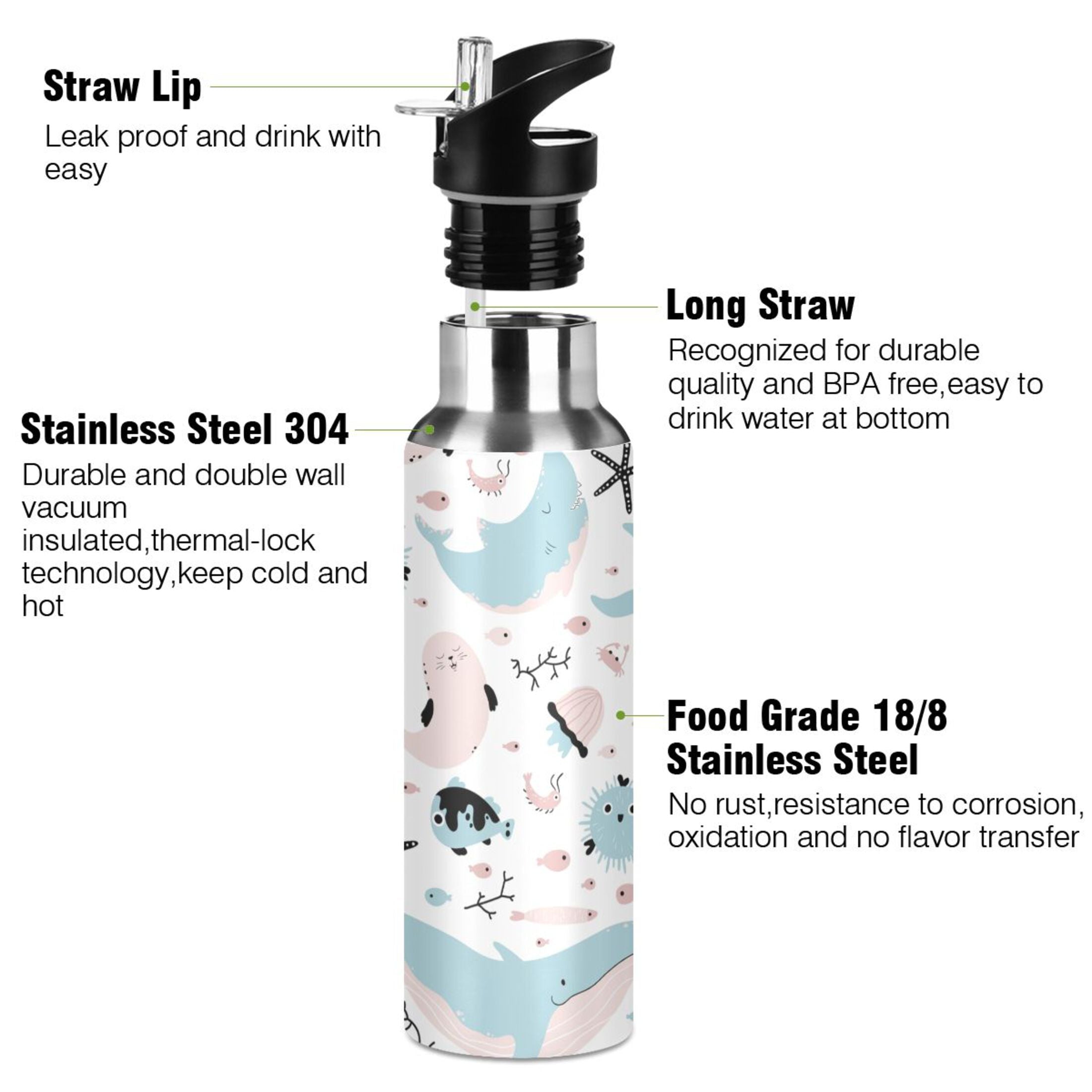 Stainless Steel Insulated Vacuum Flask Water Bottle with Straw Lid G68000