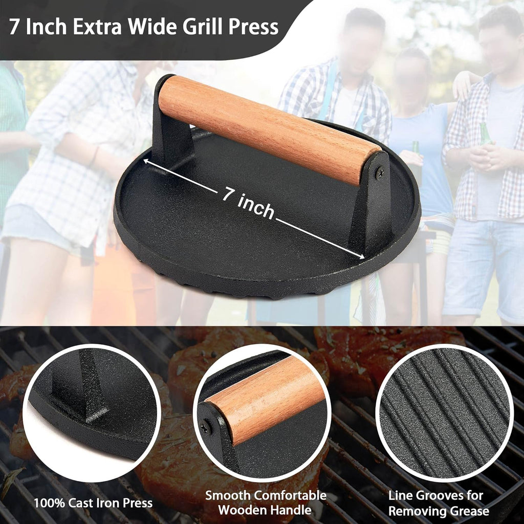 Cast Iron Burger Press Set of 2, 7 Inch Round with Wooden Handle B6753
