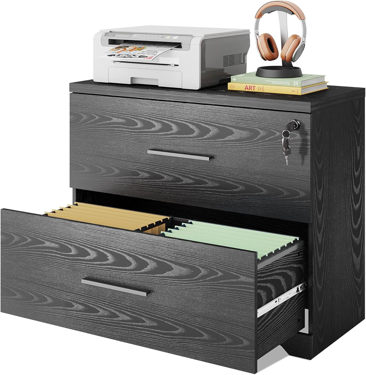 Black 2-Drawer Wood Lateral File Cabinet with Lock J2084