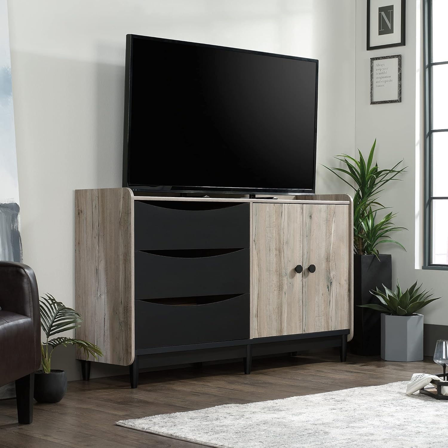 TV & Media Credenza with Drawers, Split Oak Finish U223