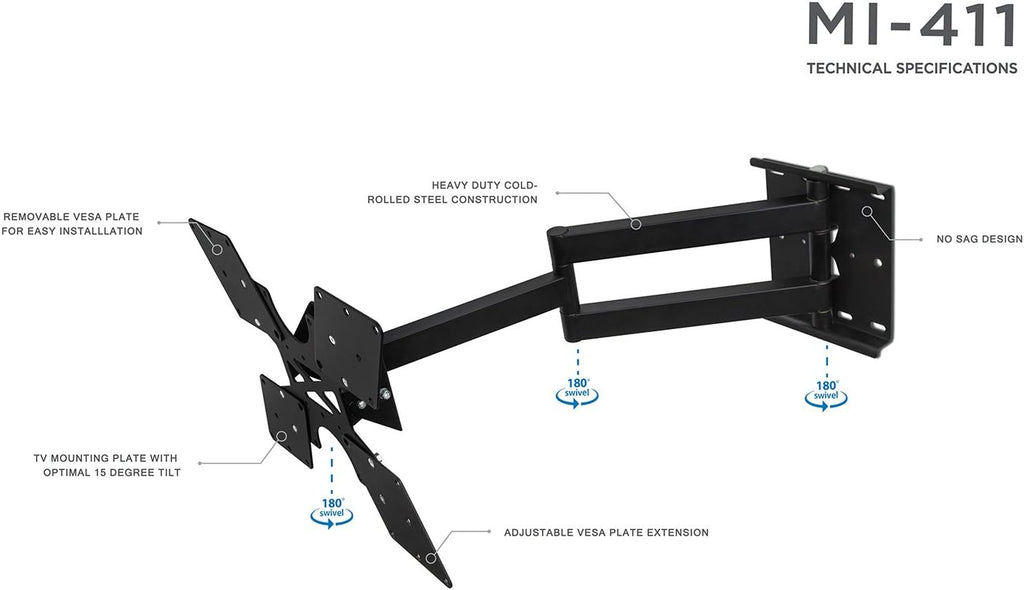 Black Full Motion TV Wall Mount for 32 to 55 Inch Screens, VESA 400x400mm, 100 Lb Capacity, Pack of 2 R203766