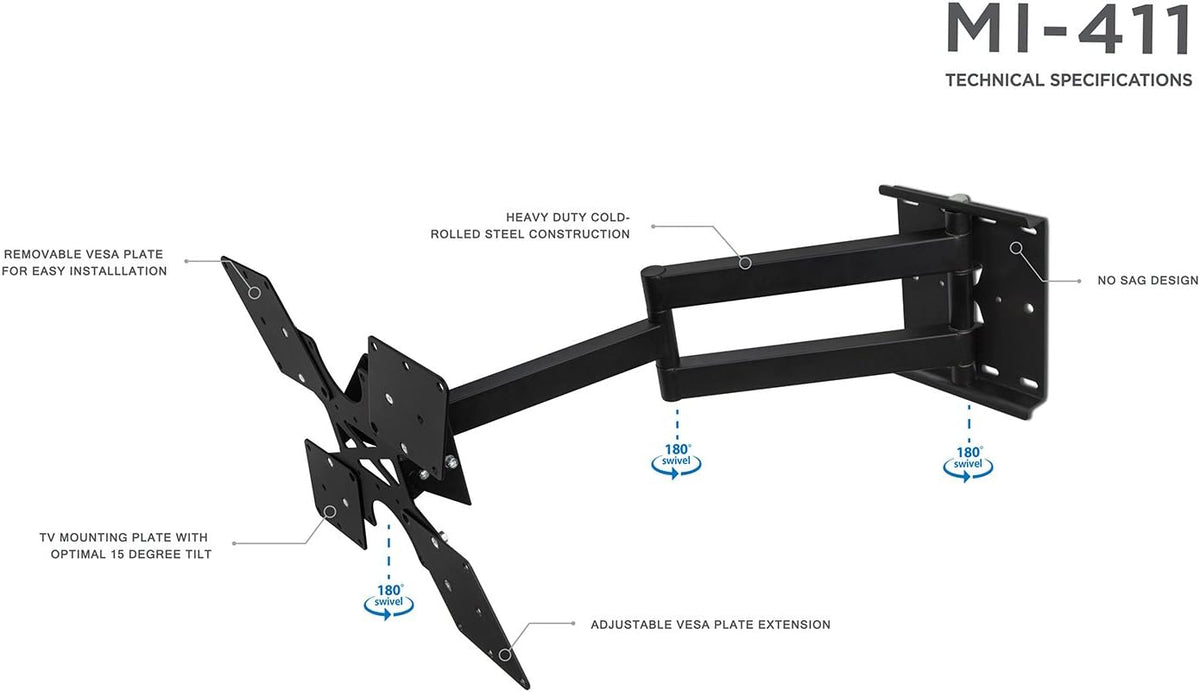 Black Full Motion TV Wall Mount for 32 to 55 Inch Screens, VESA 400x400mm, 100 Lb Capacity, Pack of 2 R203766
