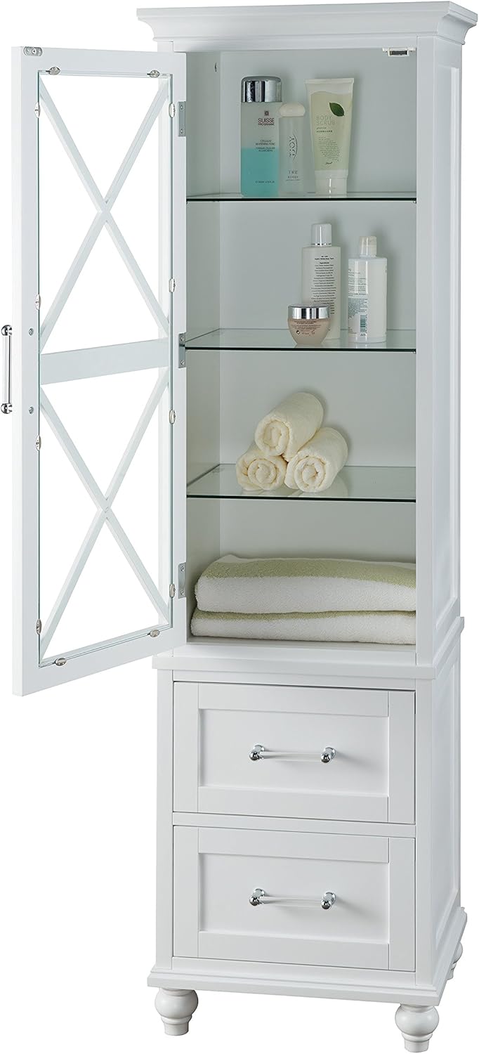 White Linen Tower Tall Narrow Storage Cabinet with 1 Door 3 Glass Tempered Shelves and 2 Drawers G460091