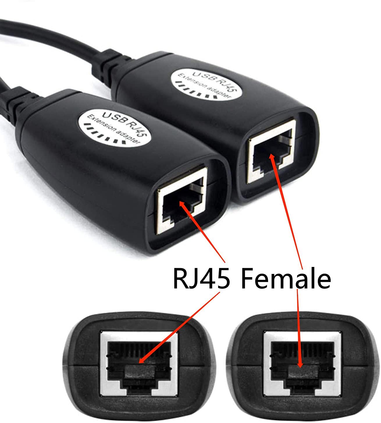 USB to RJ45 Extension Adapter over Cat5/Cat5e/Cat6 Cable up to 150ft Black Pack of 2 F918611