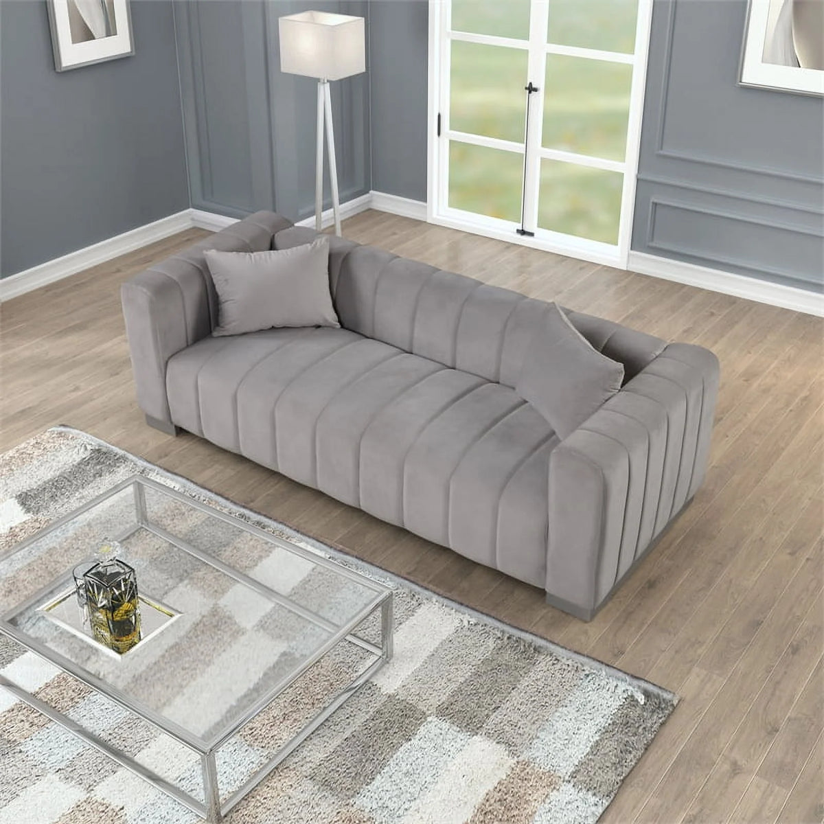 Light Gray Velvet Fabric Sofa and Chair Set K62609