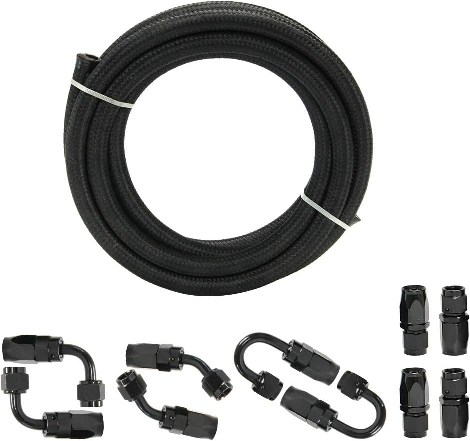 10FT 6 AN 3/8" Nylon Stainless Steel Braided PTFE E85 Fuel Line Fittings Kit with 6PCS Swivel Adapters Pack of 2 S37443