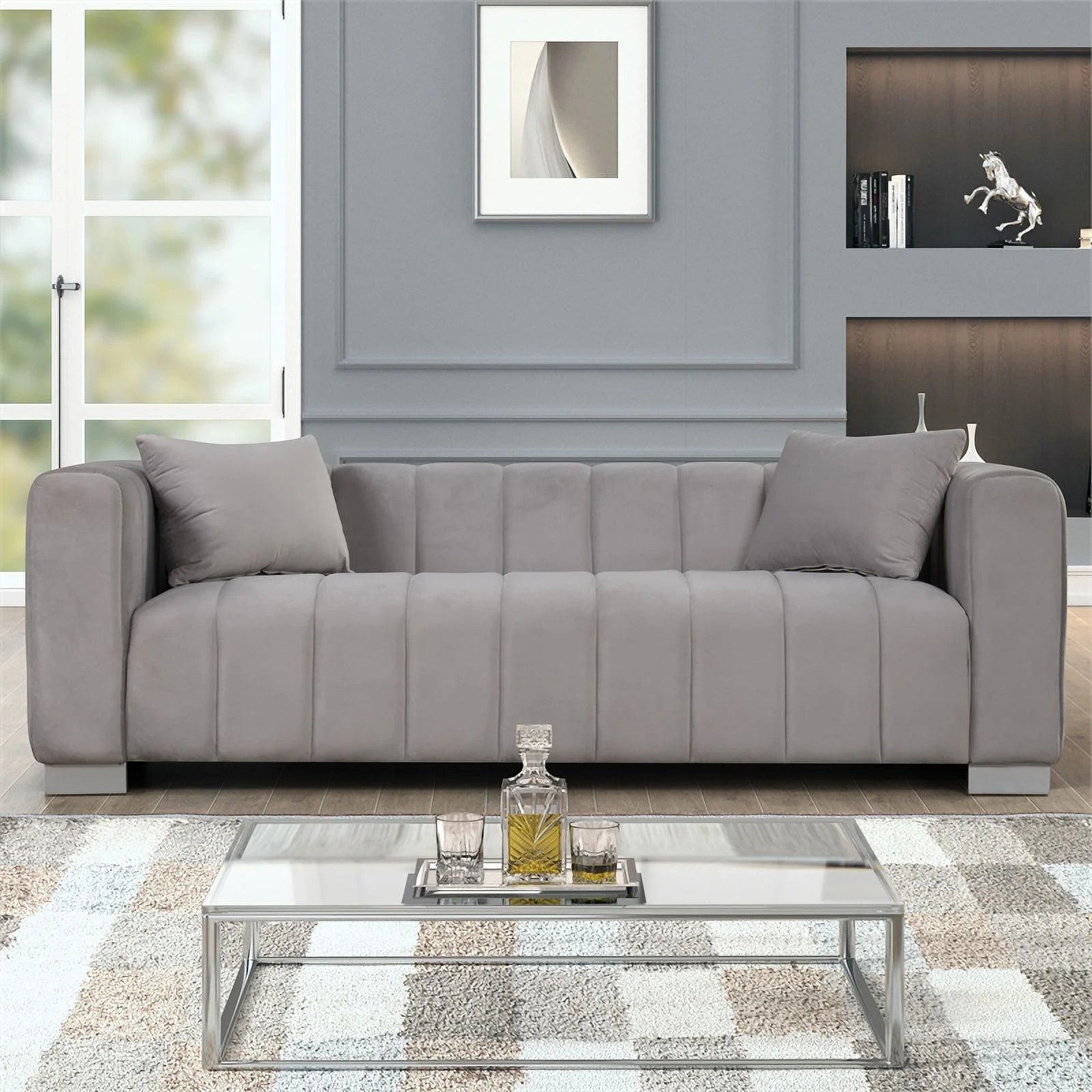 Light Gray Velvet Fabric Sofa and Chair Set K62609